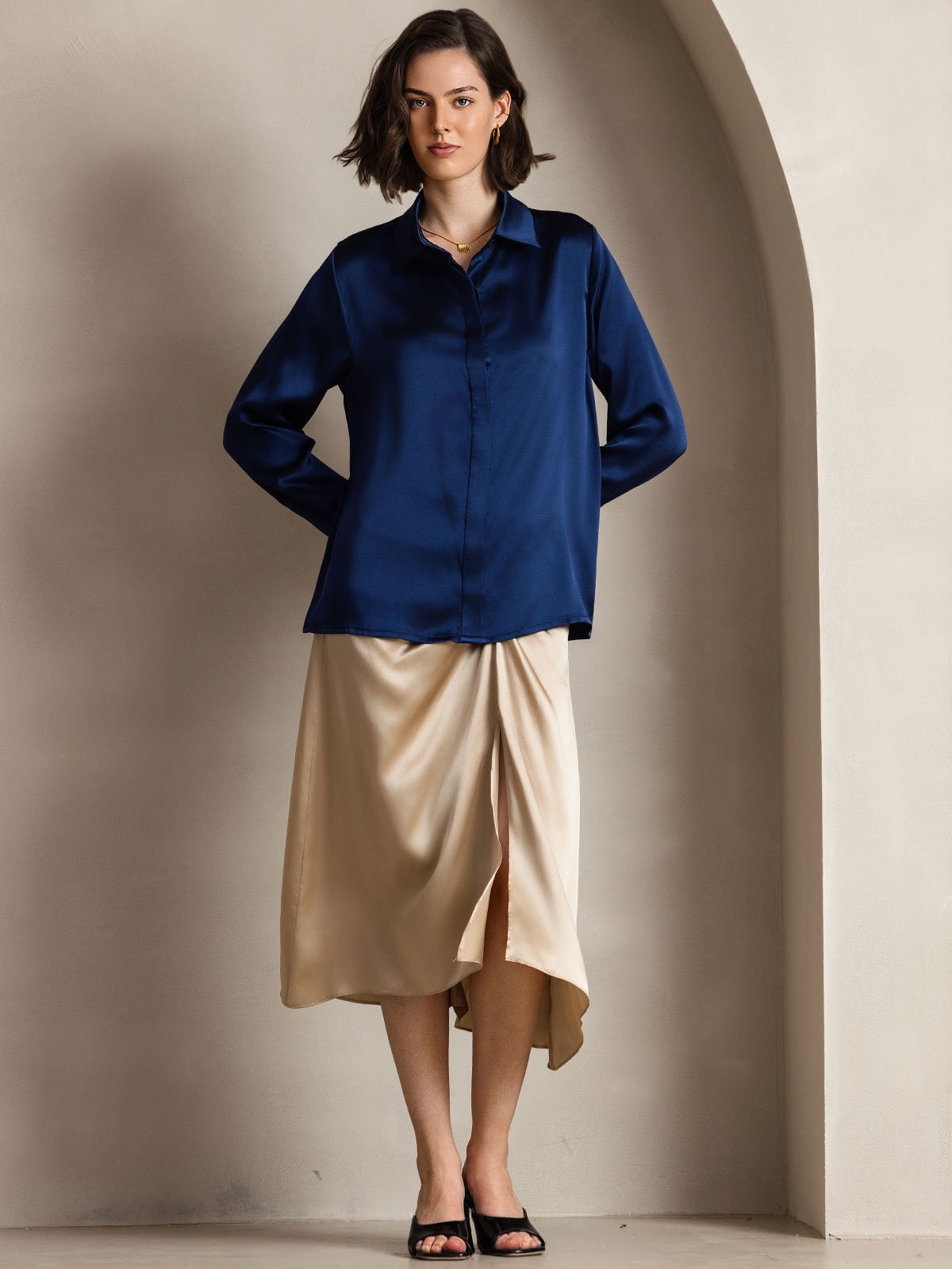 [Blu Scuro] SilkSilky-IT 19Momme Seta Manica lunga Colletto risvolto Camicie da donna 004