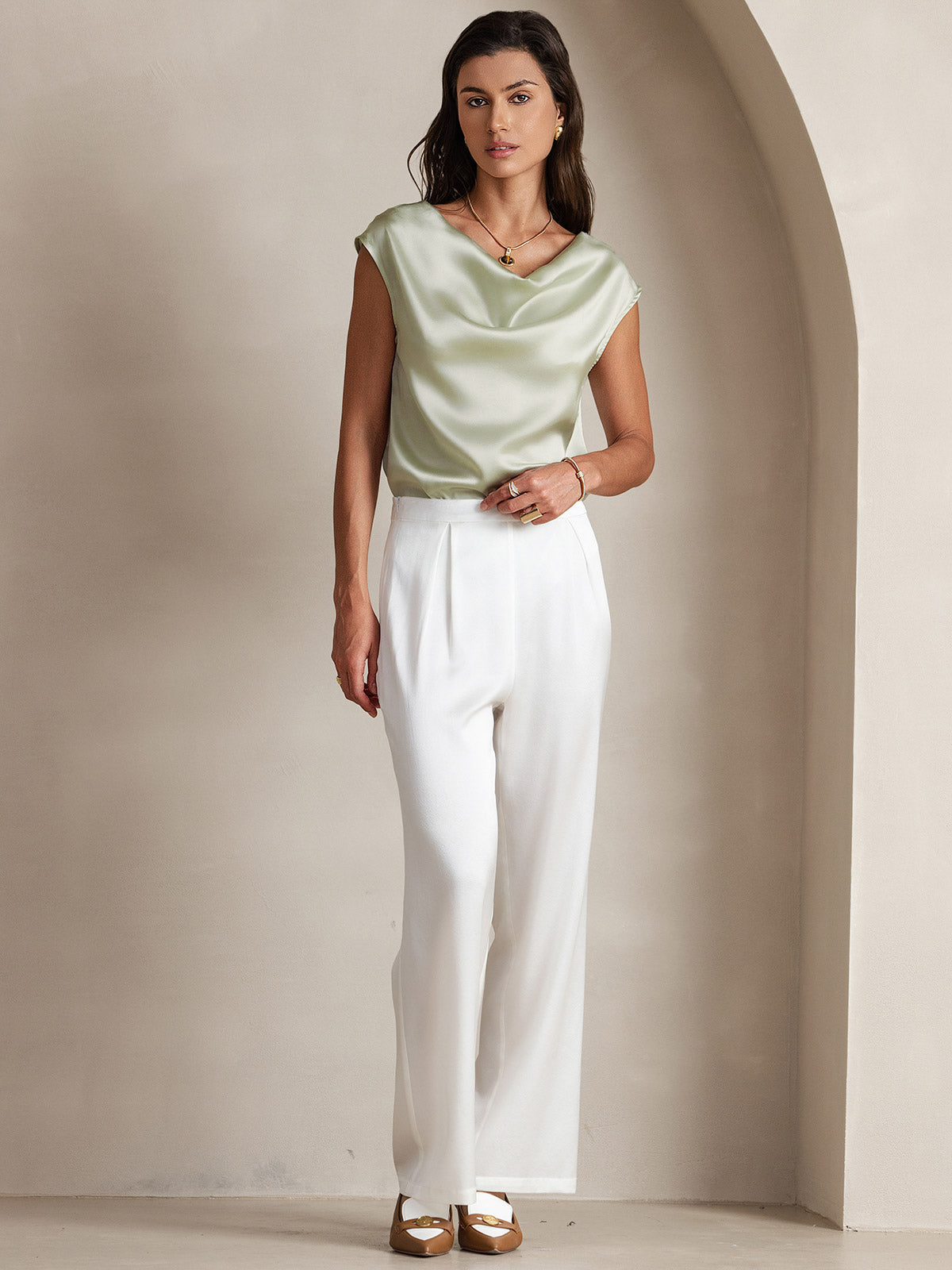 [Verde Chiaro] SilkSilky-IT 19Momme Seta Collo drappeggiato Magliette donna 007