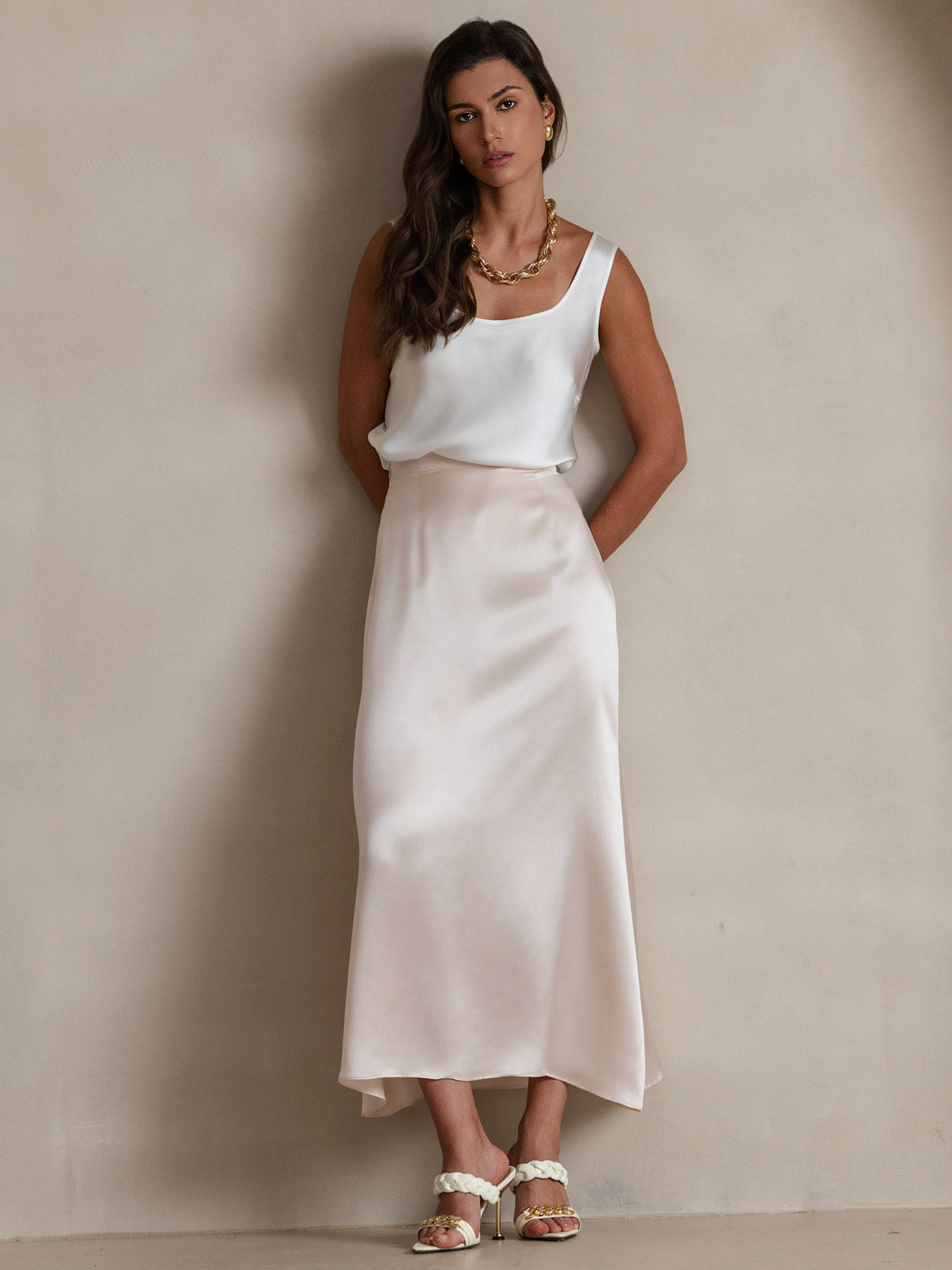 [Bianco] SilkSilky-IT 19Momme Seta Collo a U Cami 007
