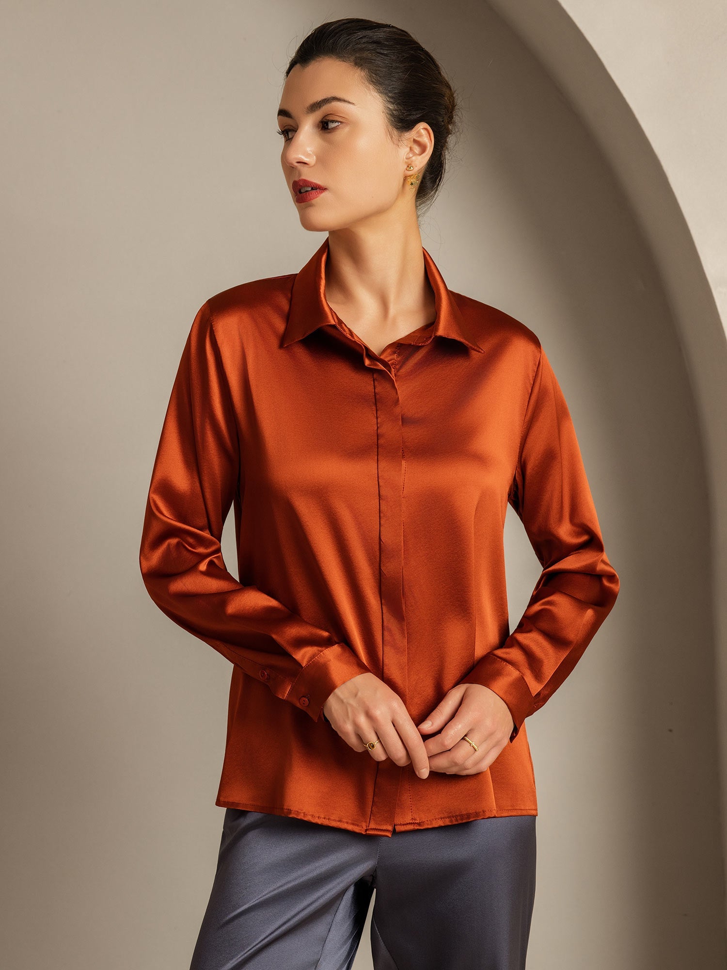 [Caramello] SilkSilky-IT 19Momme Manica lunga Colletto con Revers Camicie da donna 001