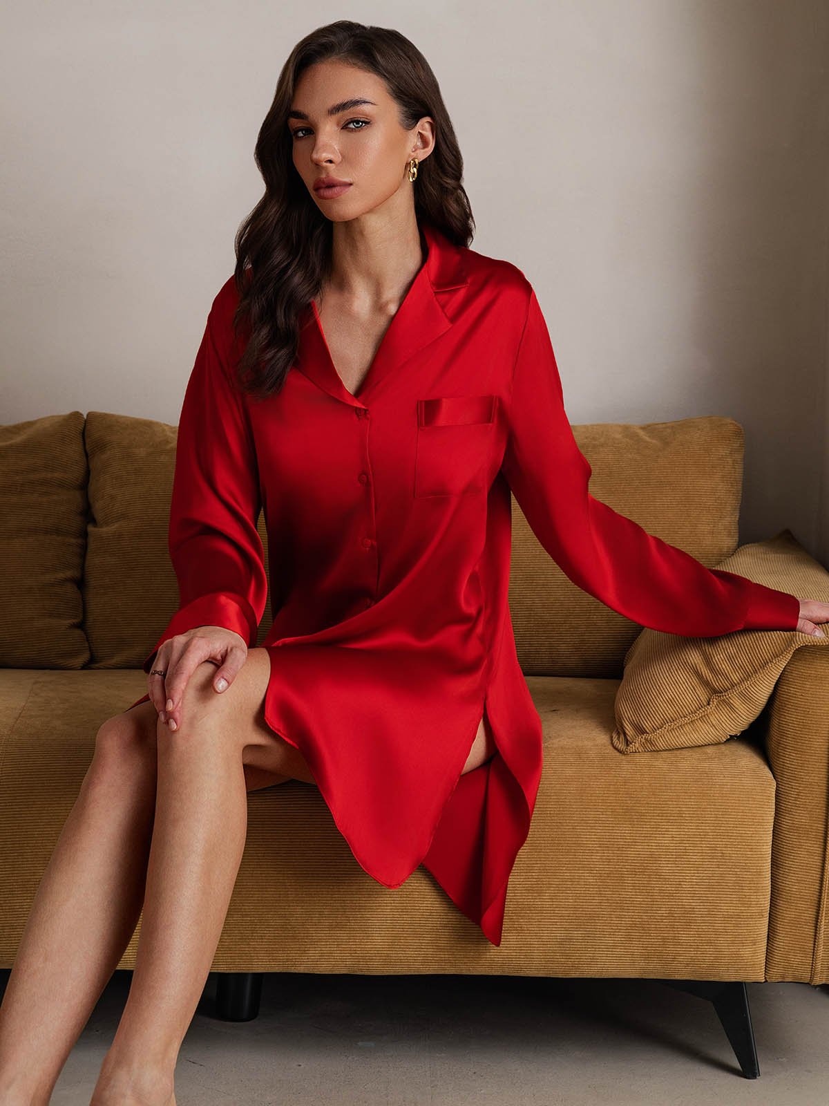[Rosso] SilkSilky-IT Seta pura Colletto risvolto Camicia da notte 007