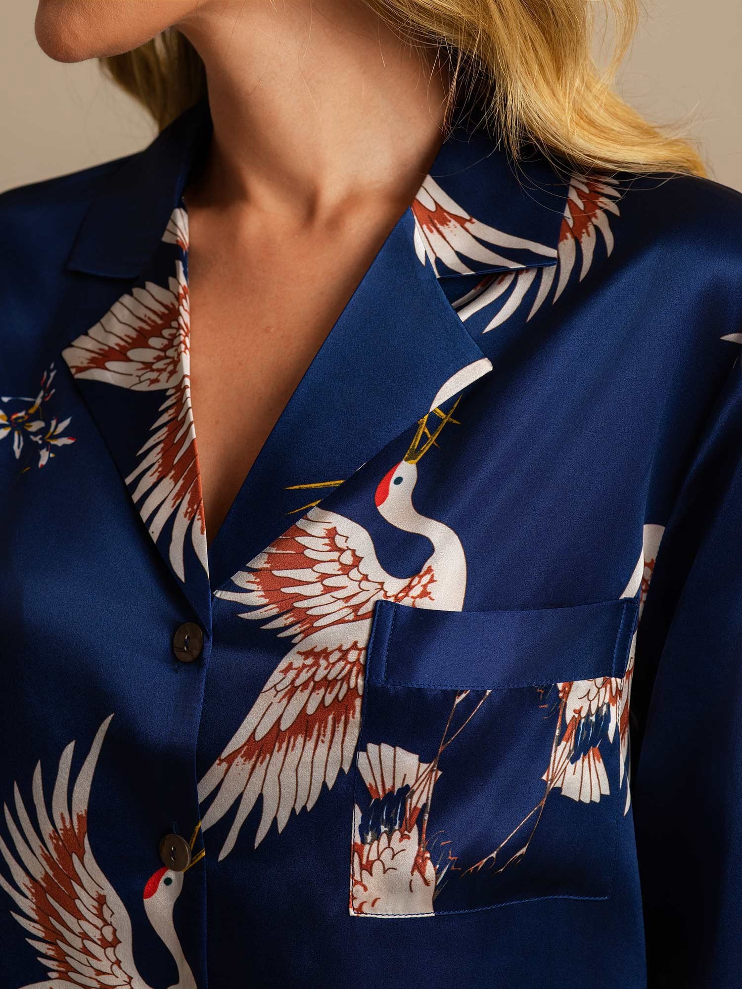 [Blu Scuro] SilkSilky-IT 19Momme Seta pura Colletto risvolto Camicia da notte 004,