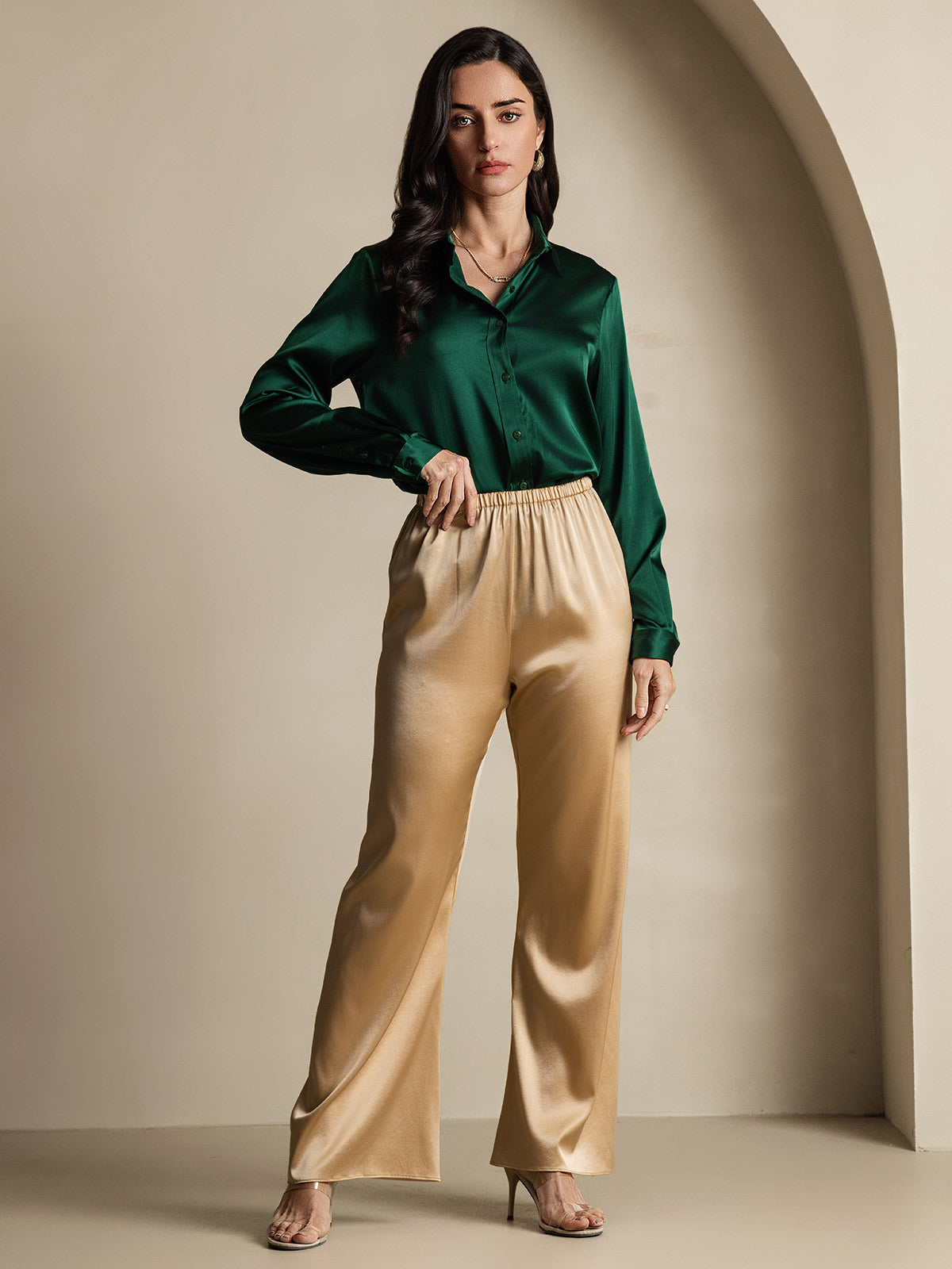 [Verde Scuro] SilkSilky-IT 19Momme Manica lunga Colletto con Revers Camicie da donna 009