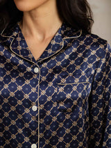 [Catena Blu Navy] SilkSilky-IT Long Sleeve Lapel Collar Pigiami da donna 006