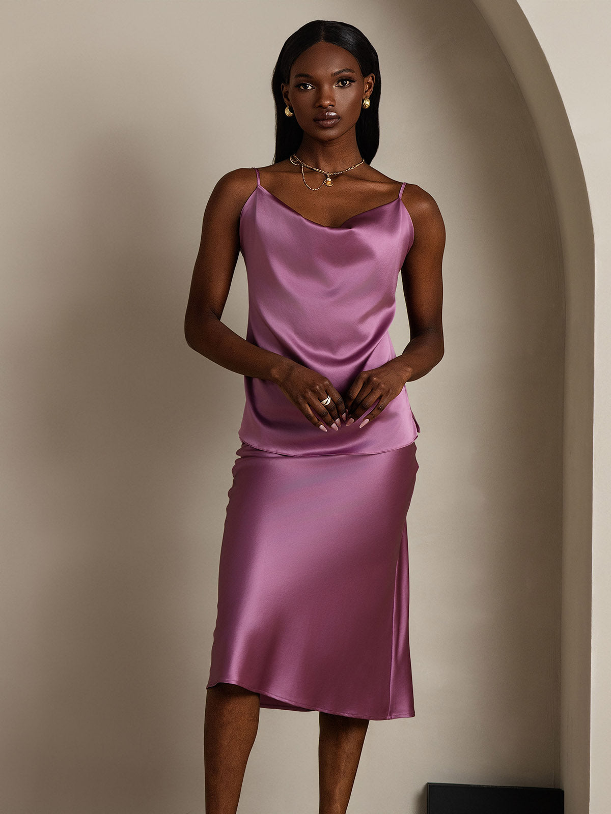 [Viola Scuro] SilkSilky-IT 19Momme Tirantes Finos Collo drappeggiato Cami 004