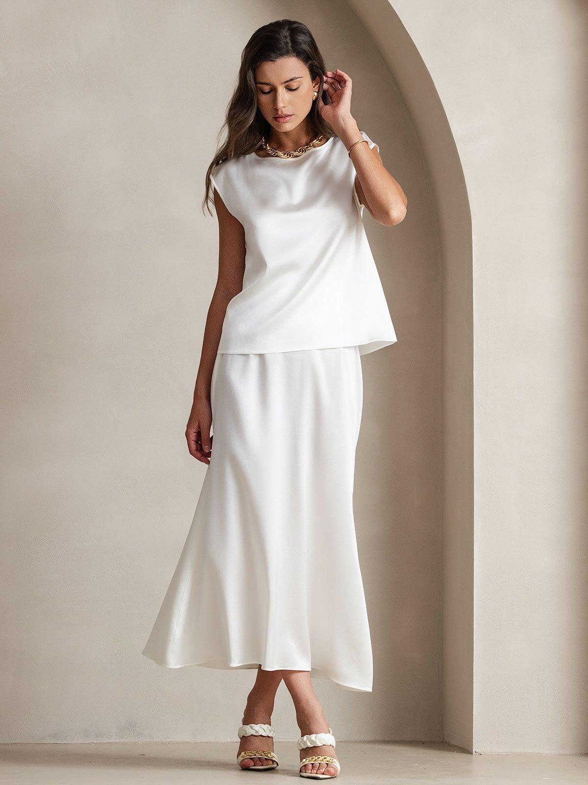 [Bianco] SilkSilky-IT 19Momme Seta Womens T-Shirt 004