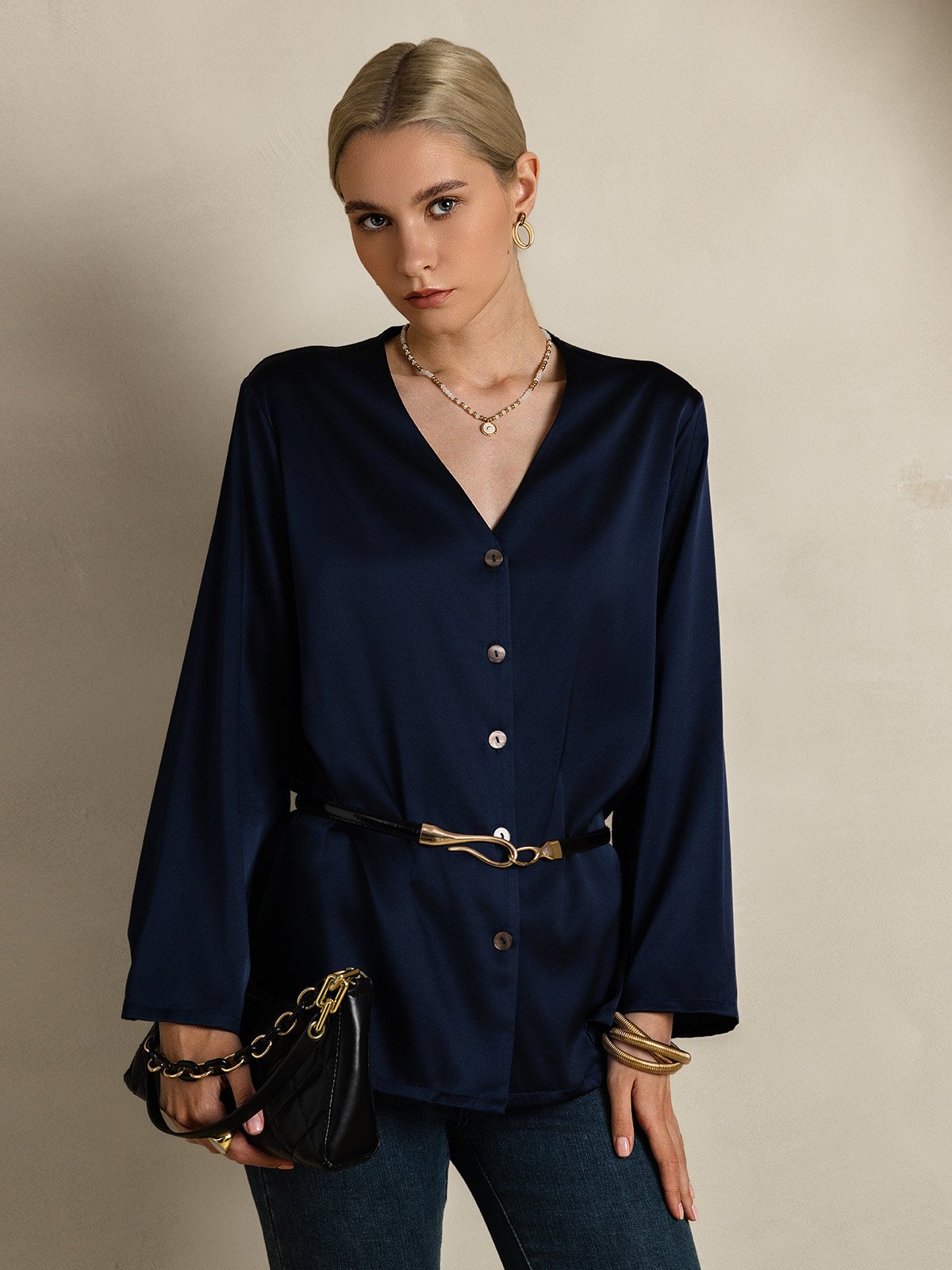 SilkSilky-IT 19Momme Seta Manica lunga Collo a V Camicie da donna BluScuro 004