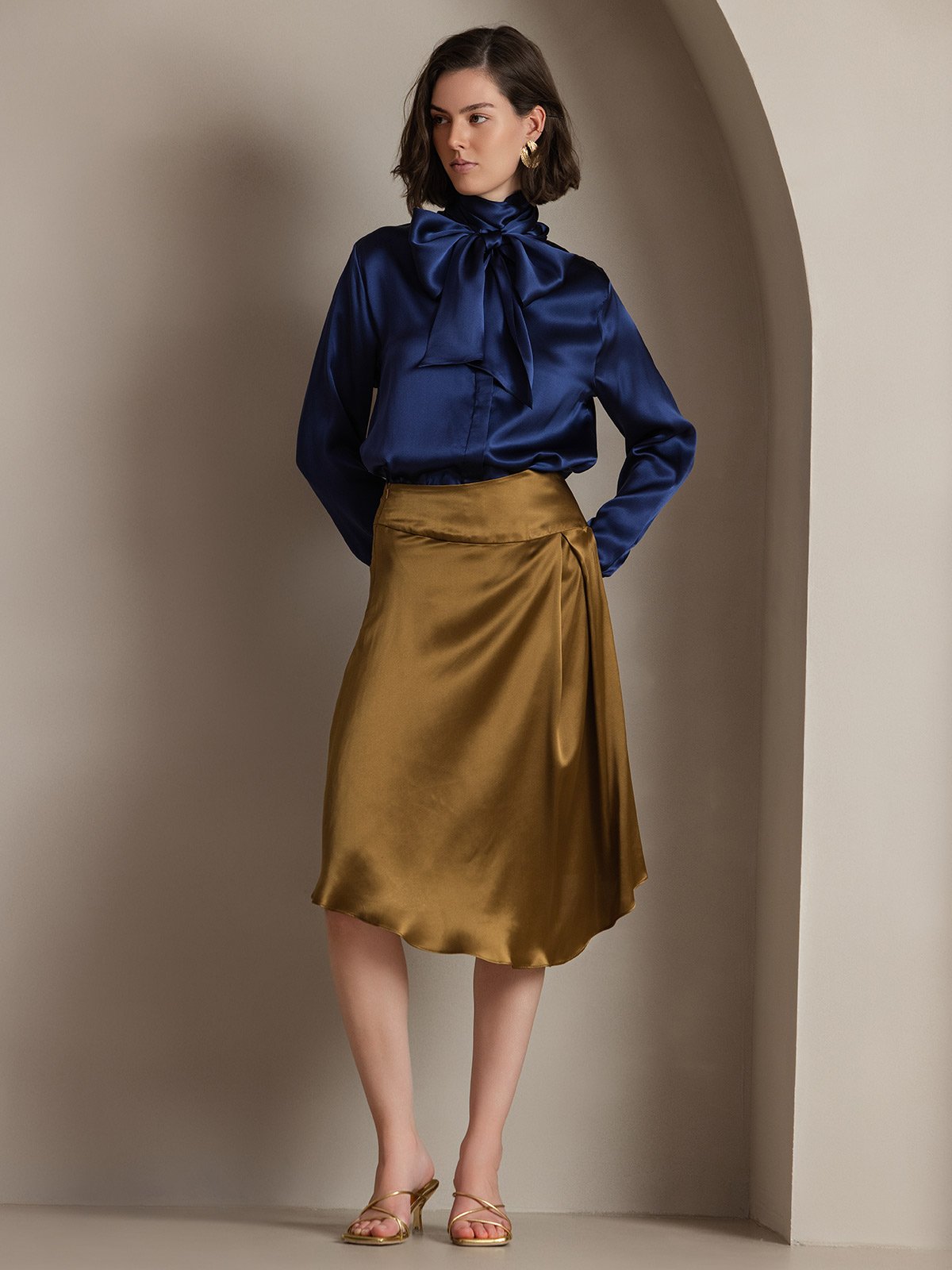 [Blu Scuro] SilkSilky-IT 19Momme Seta Manica lunga Blouse 001