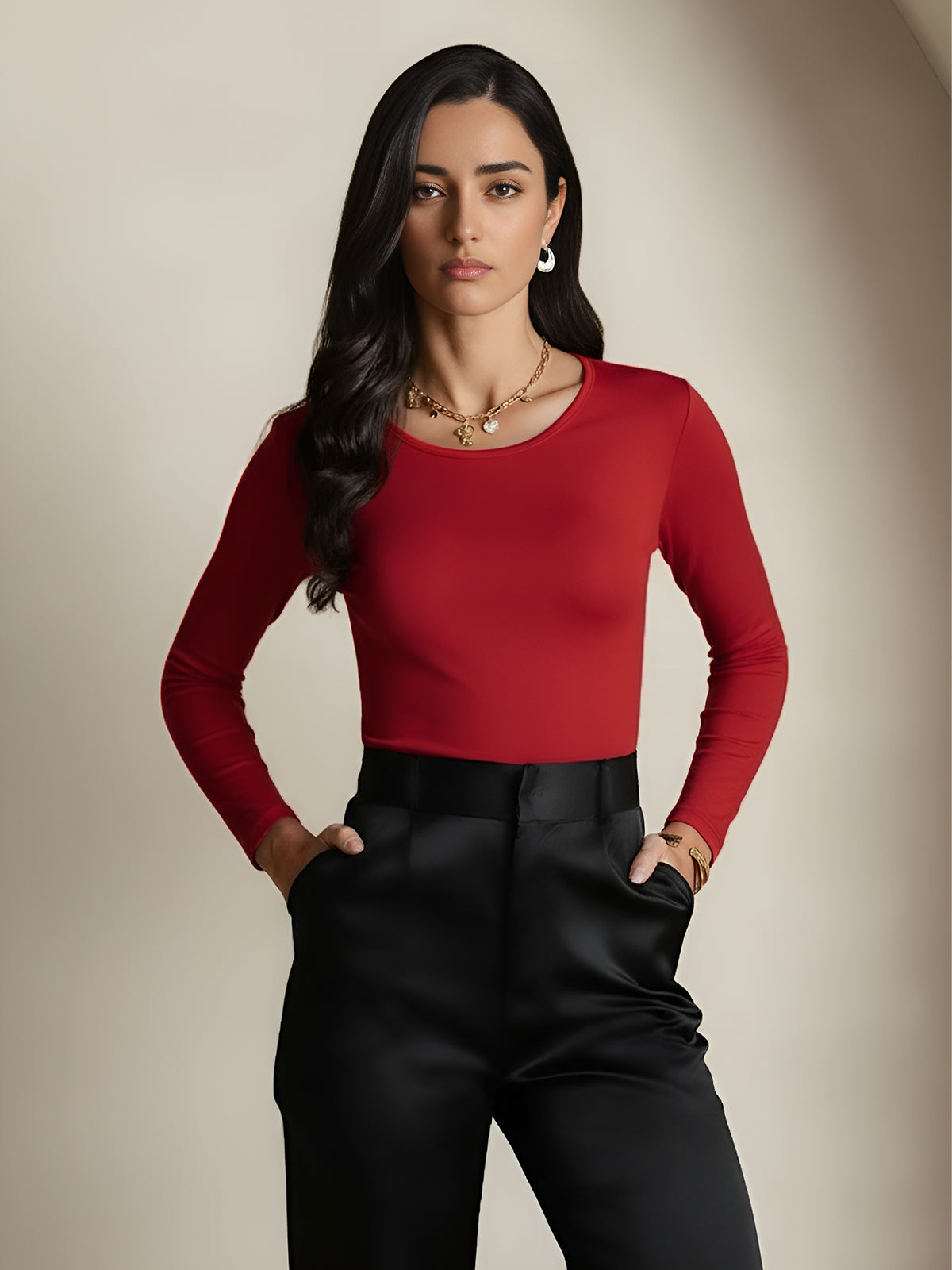 [Vino] SilkSilky-IT Manica lunga Scollo rotondo Magliette donna 005