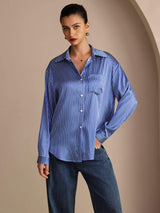 [Riga Diplomatica Blu] SilkSilky-IT Long Sleeve Lapel Collar Camicie da donna 003