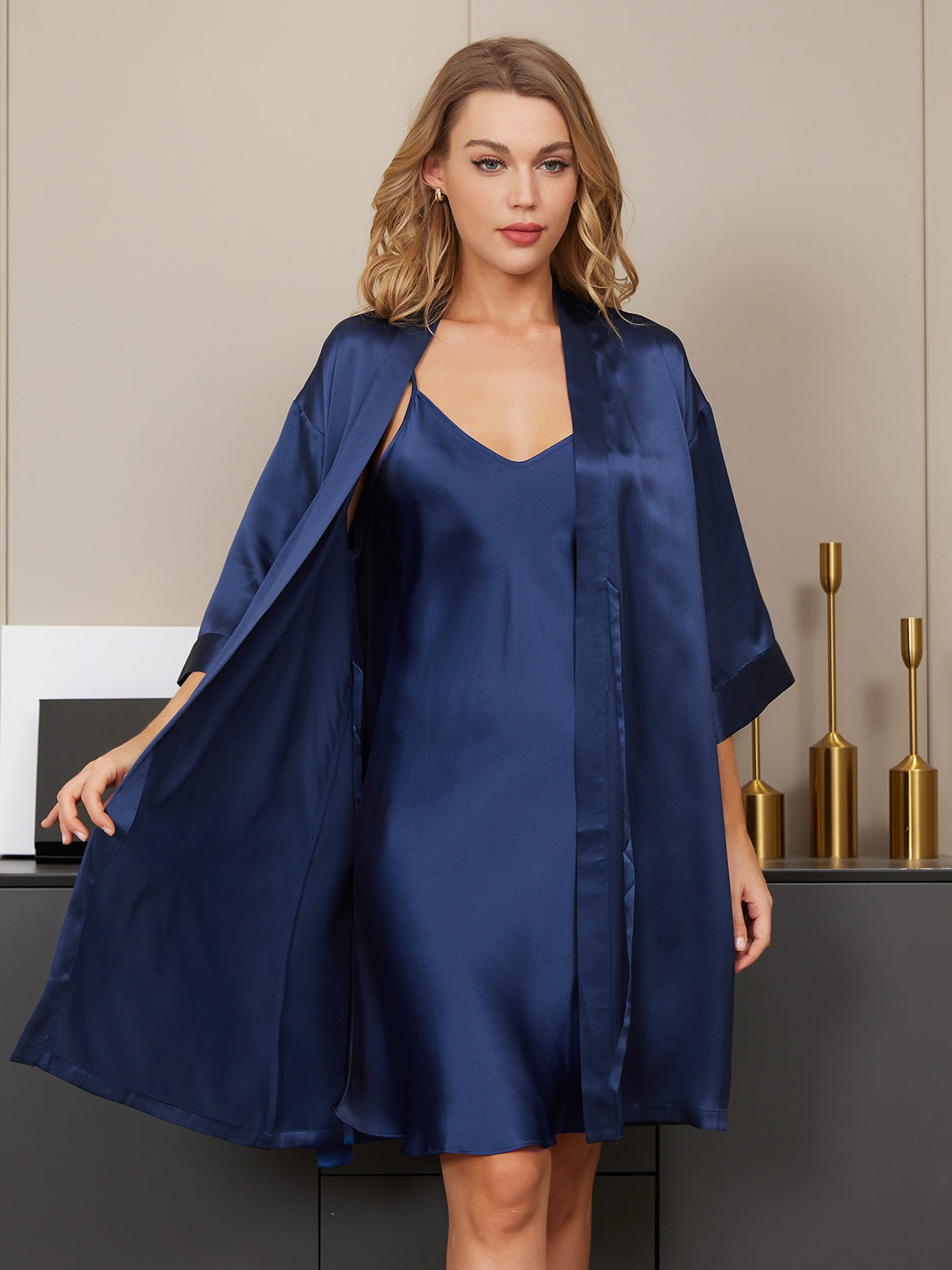 [Blu Scuro] SilkSilky-IT Seta pura Nightgown&Robe Set 005
