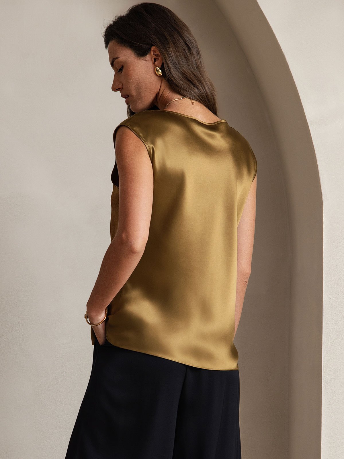 [Marrone] SilkSilky-IT 19Momme Seta Womens T-Shirt 002
