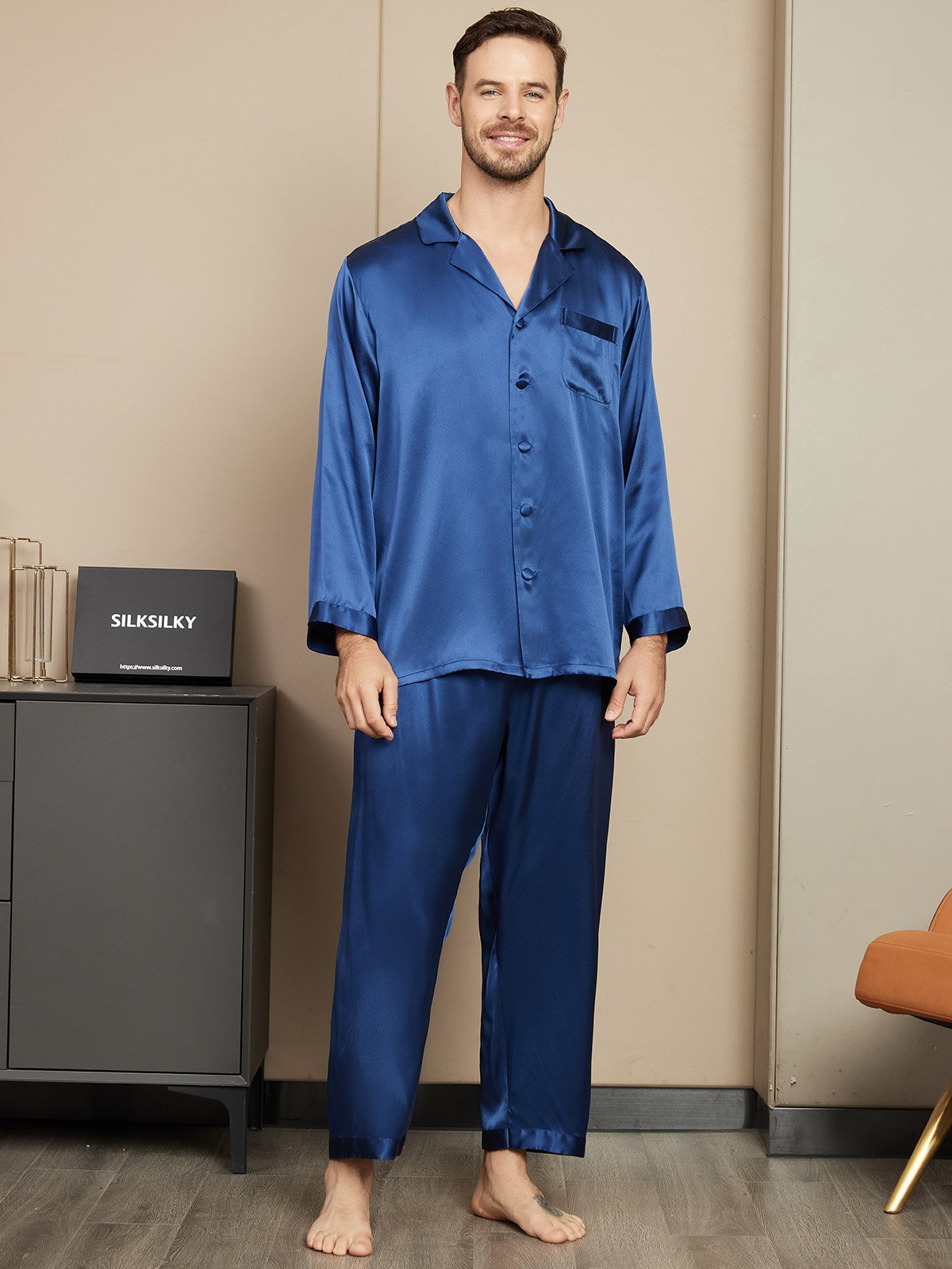 [Blu Scuro] SilkSilky-IT Seta pura Mens Pajamas 001