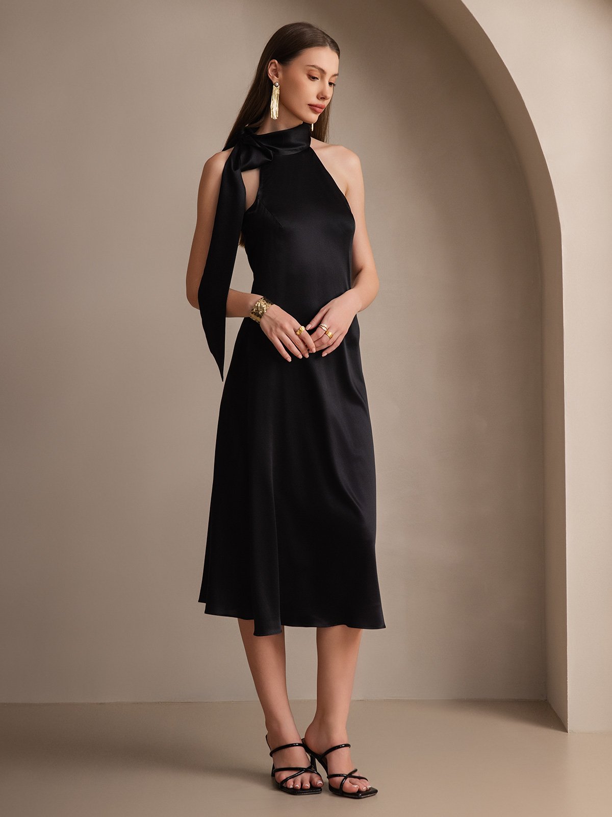 [Nero] SilkSilky-IT 19Momme Seta Senza maniche Nodo al collo Vestiti da donna 006