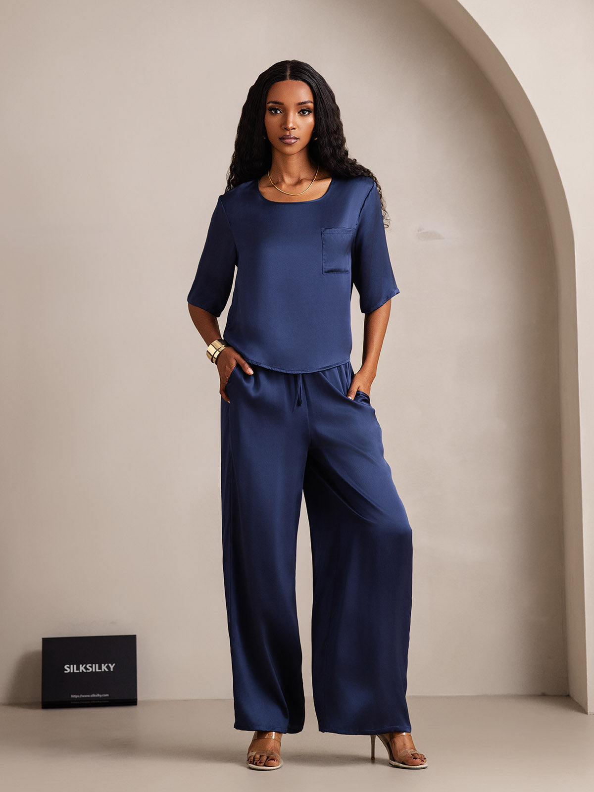 [Blu Scuro] SilkSilky-IT Seta pura Womens Pajamas 001