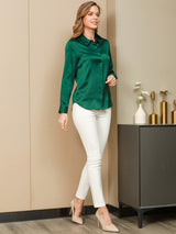 [Verde Scuro] SilkSilky-IT Long Sleeve Lapel Collar Camicie da donna 006