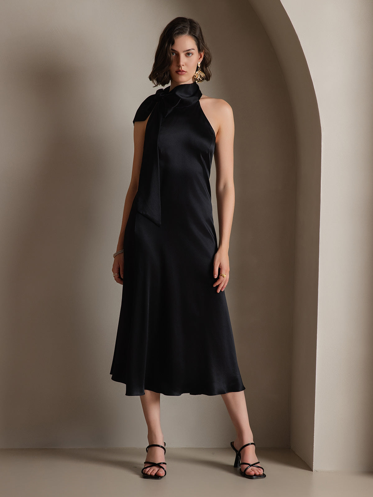 SilkSilky-IT 19Momme Seta Senza maniche Nodo al collo Vestiti da donna Nero 008