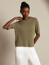 [Oliva Bruciata] SilkSilky-IT Half Sleeve Crew Neck Magliette donna 008