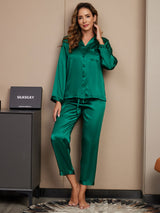 [Verde] SilkSilky-IT Long Sleeve Lapel Collar Pigiami da donna 003