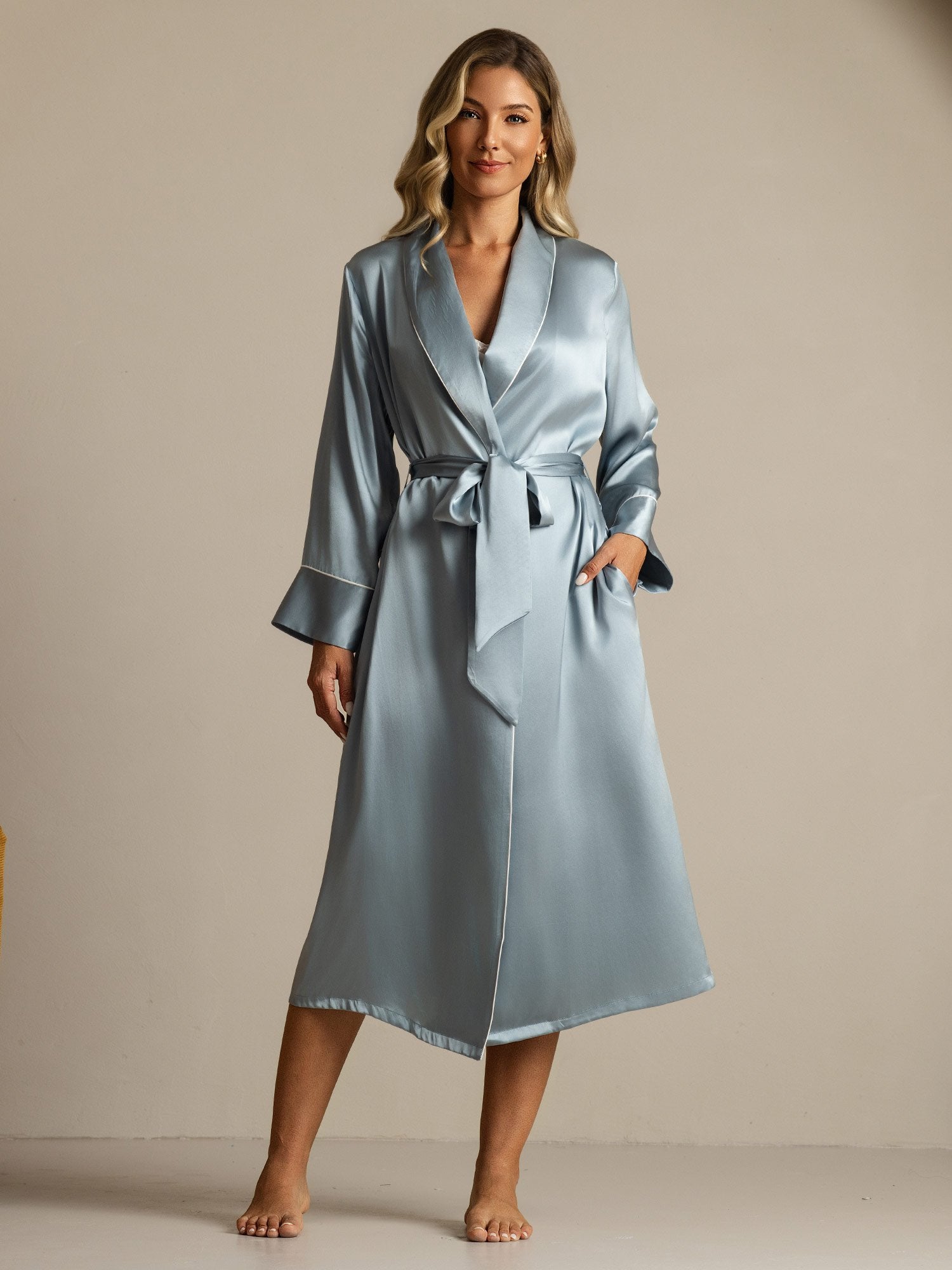 [BluGrigiastro] SilkSilky-IT Seta pura Colletto risvolto Vestaglia da donna 003