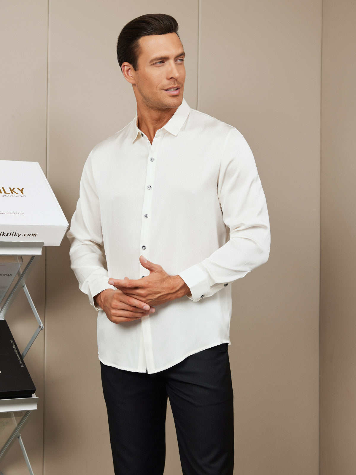 [Bianco] SilkSilky-IT Seta Colletto risvolto Camicia da uomo 003