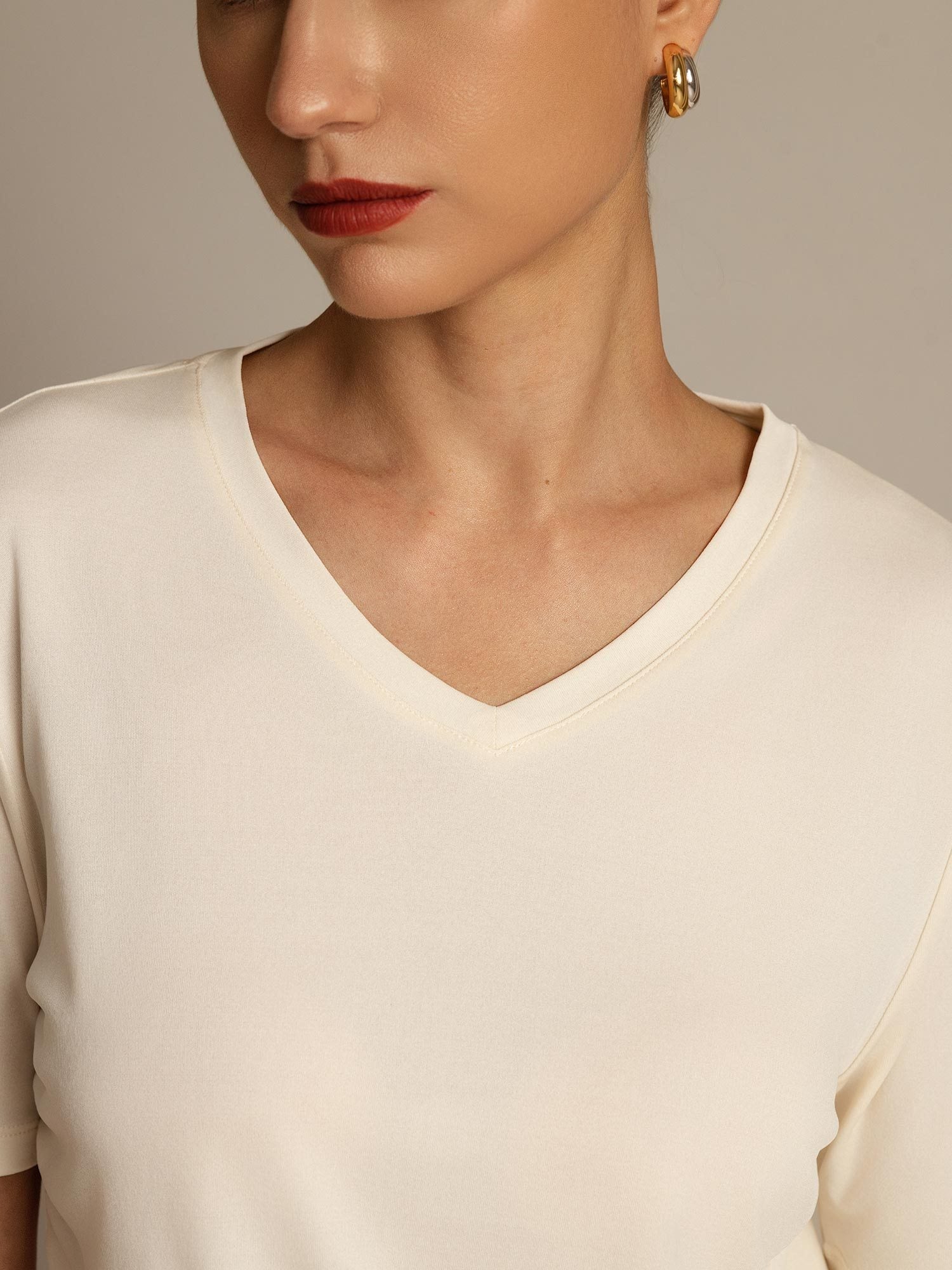 [Beige] SilkSilky-IT Seta pura Womens T-Shirt 003,