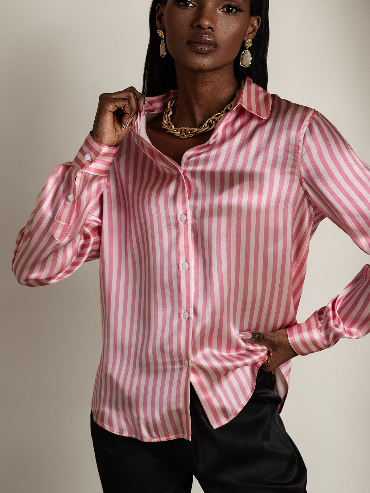 [Rosa] SilkSilky-IT Seta Colletto risvolto Camicie da donna 003