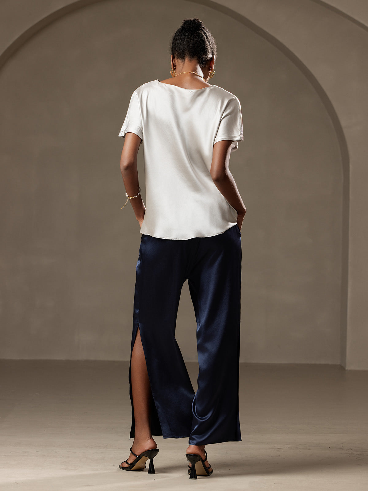 [Grigio Chiaro] SilkSilky-IT 19Momme Seta Maniche Corte Womens T-Shirt 002