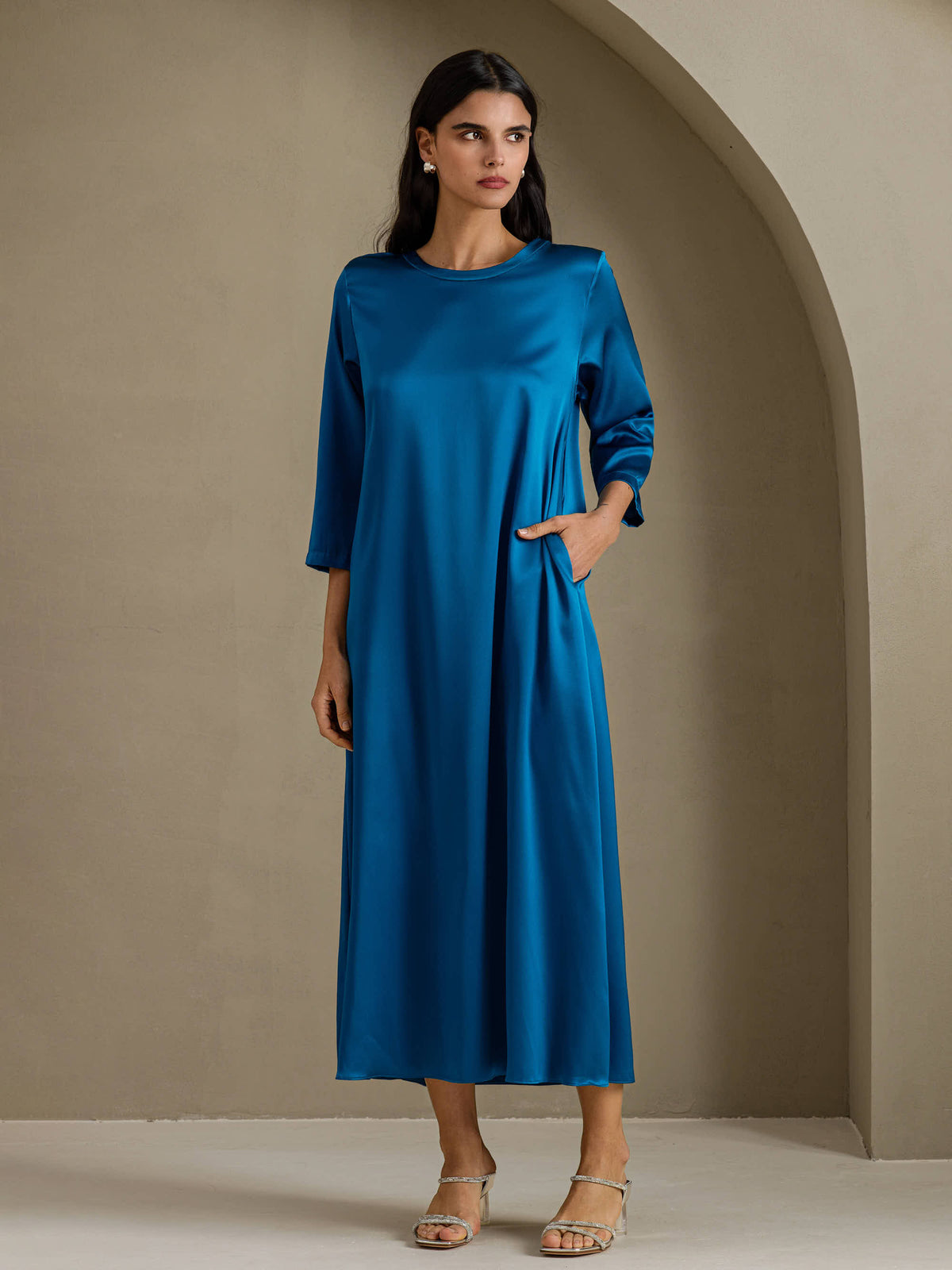 [Verde Acqua] SilkSilky-IT 3/4 Sleeve Round Neck Vestiti da donna 001