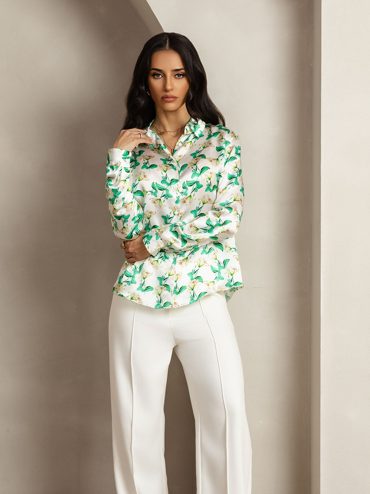 [Floreale Verde] SilkSilky-IT Seta Colletto risvolto Camicie da donna 006