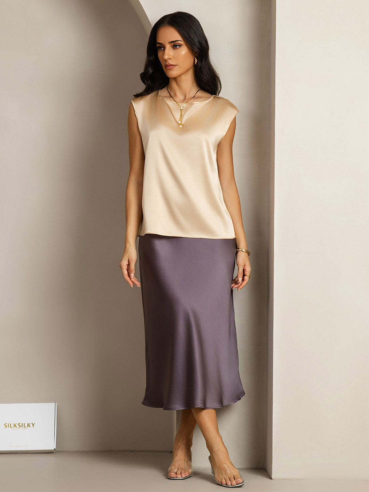 [Champagne] SilkSilky-IT 19Momme Seta Womens T-Shirt 003