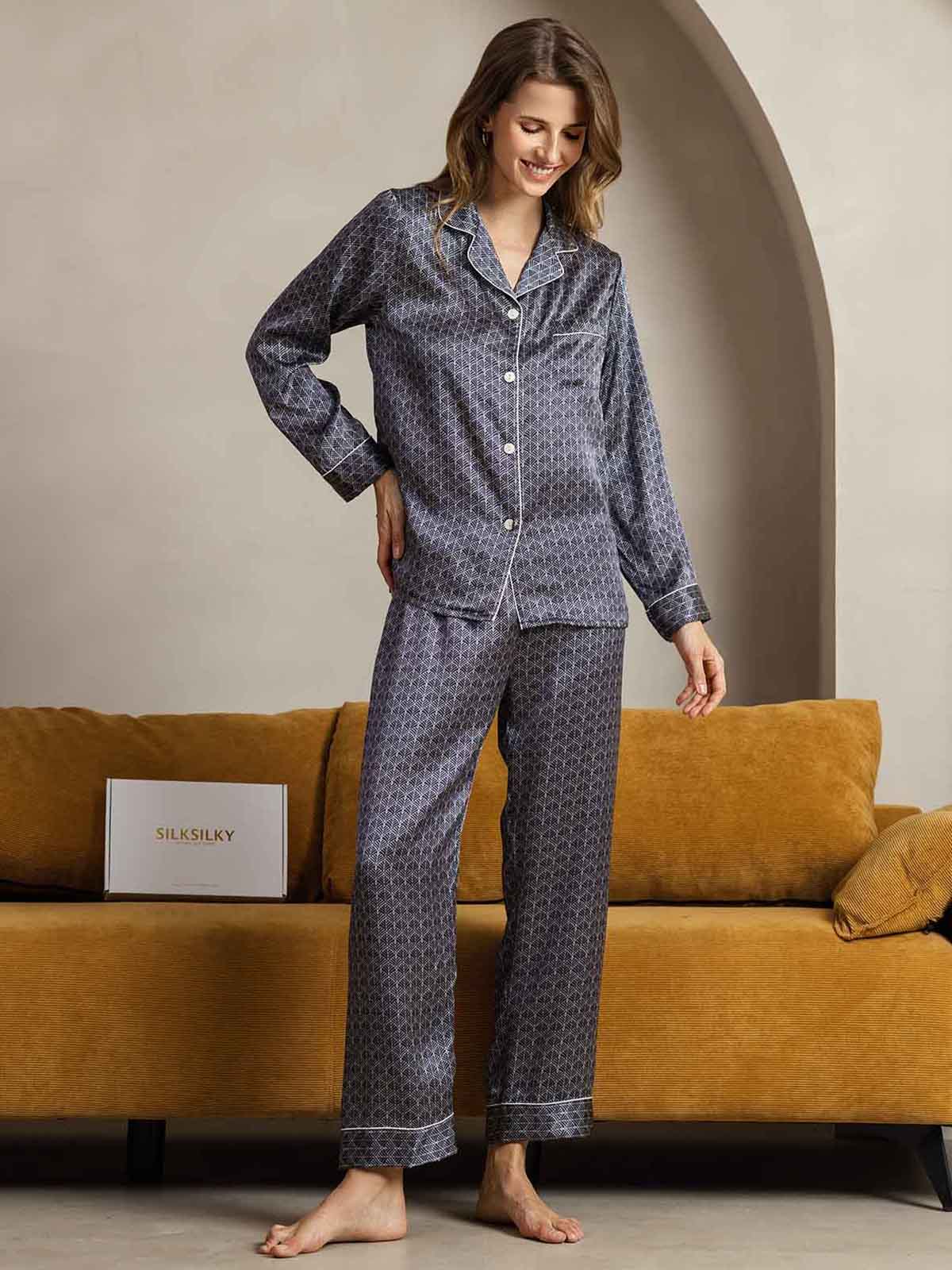 [Ginkgo Blu Navy] SilkSilky-IT Seta pura Womens Pajamas 005