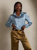 [Blu Grigiastro] SilkSilky-IT Long Sleeve Lapel Collar Camicie da donna 003