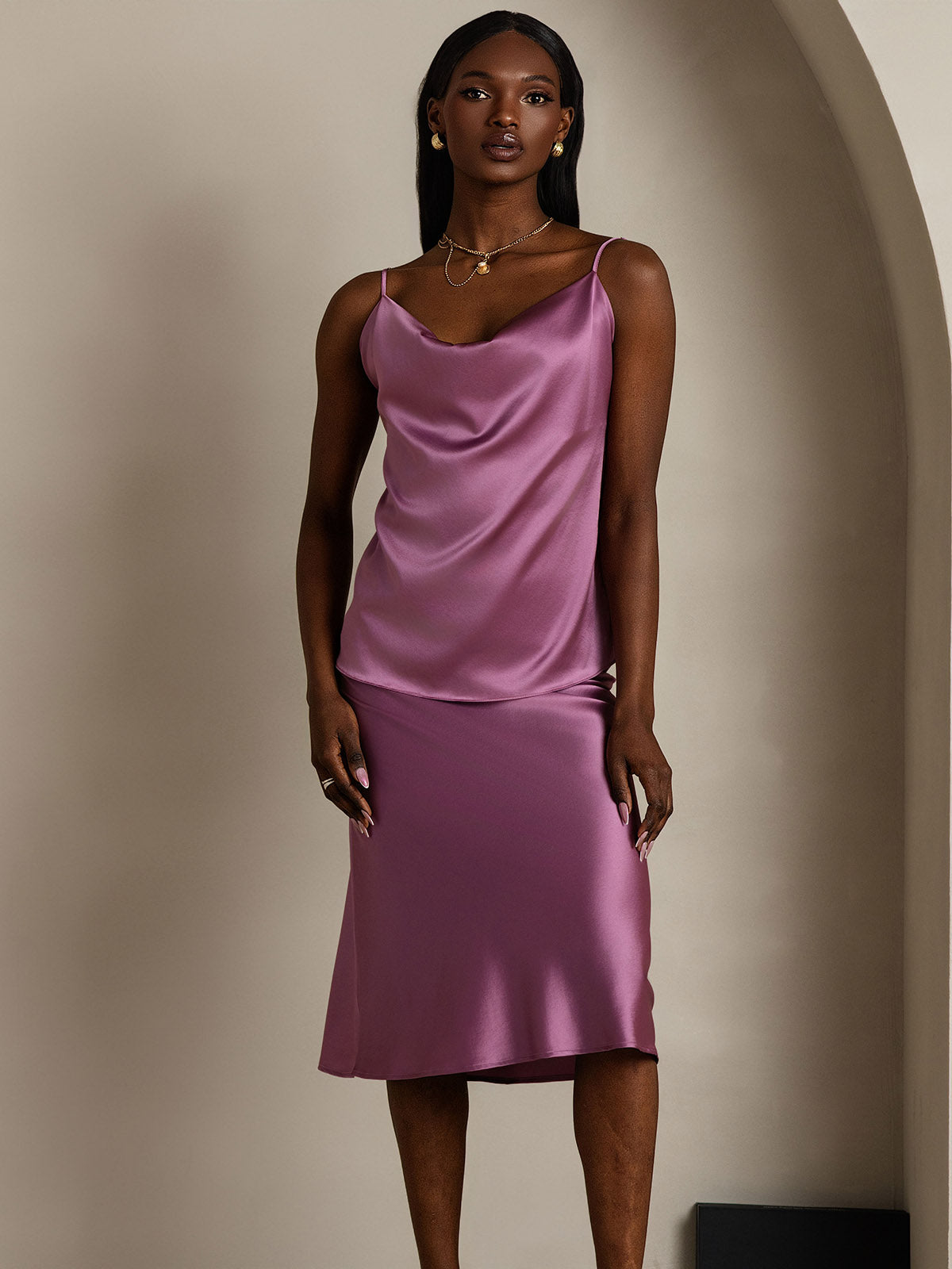 [Viola Scuro] SilkSilky-IT 19Momme Seta Collo drappeggiato Cami 005