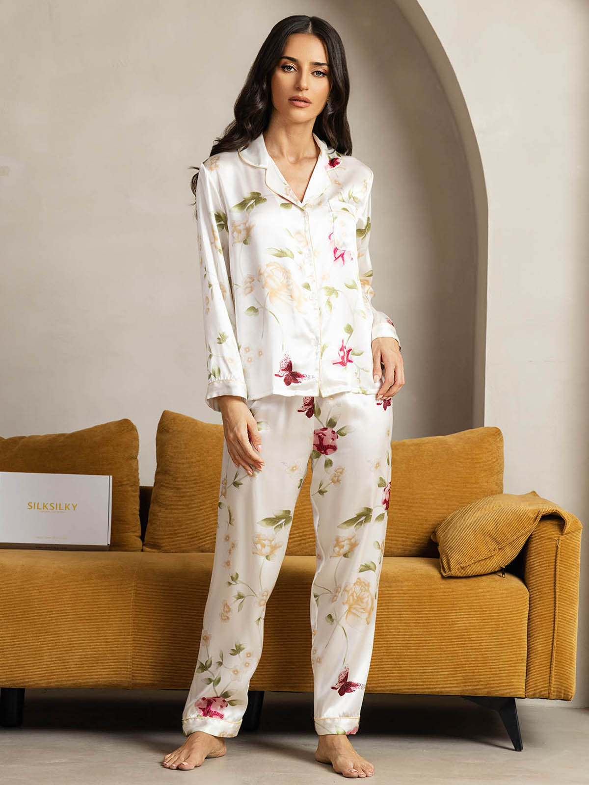 [Fiori Avorio] SilkSilky-IT Seta pura Womens Pajamas 003