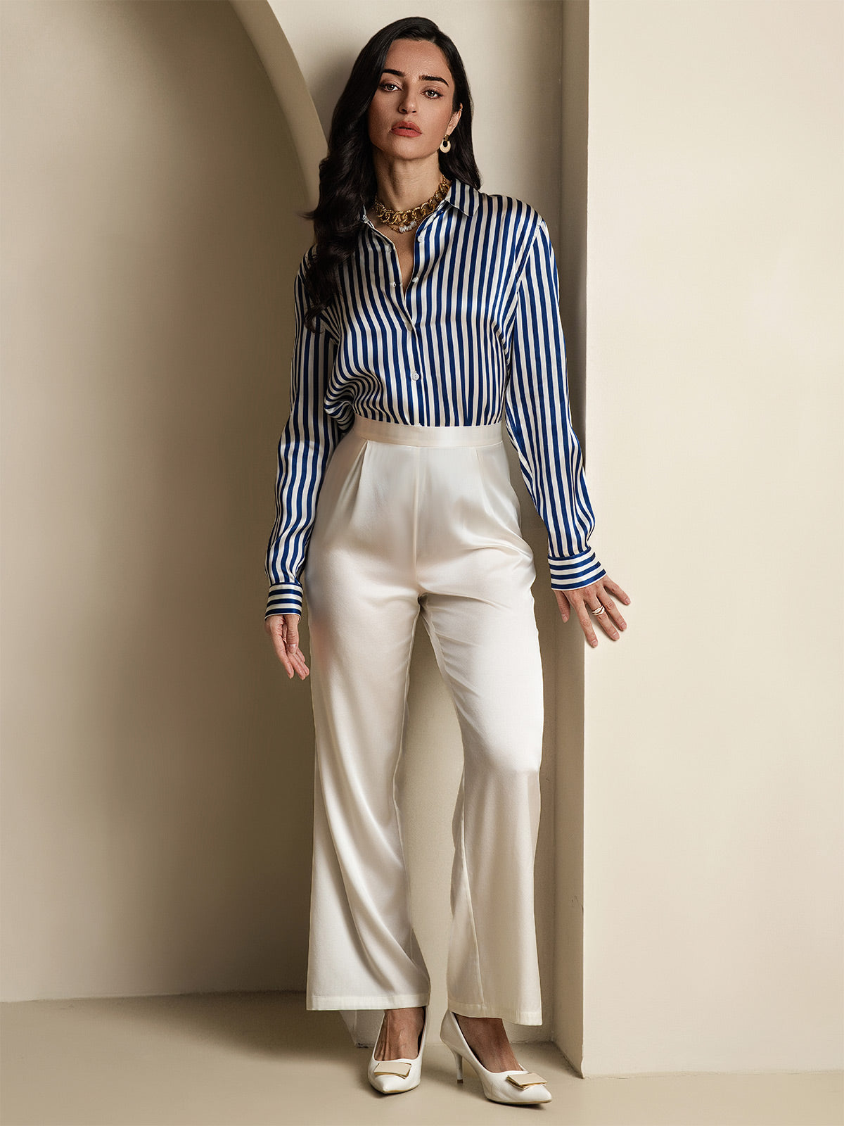 [Righe Navy] SilkSilky-IT Seta Colletto risvolto Camicie da donna 007,