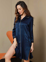 [Blu Scuro] SilkSilky-IT Seta pura A tre quarti Collo risvolto dentellato Camicia da notte 008