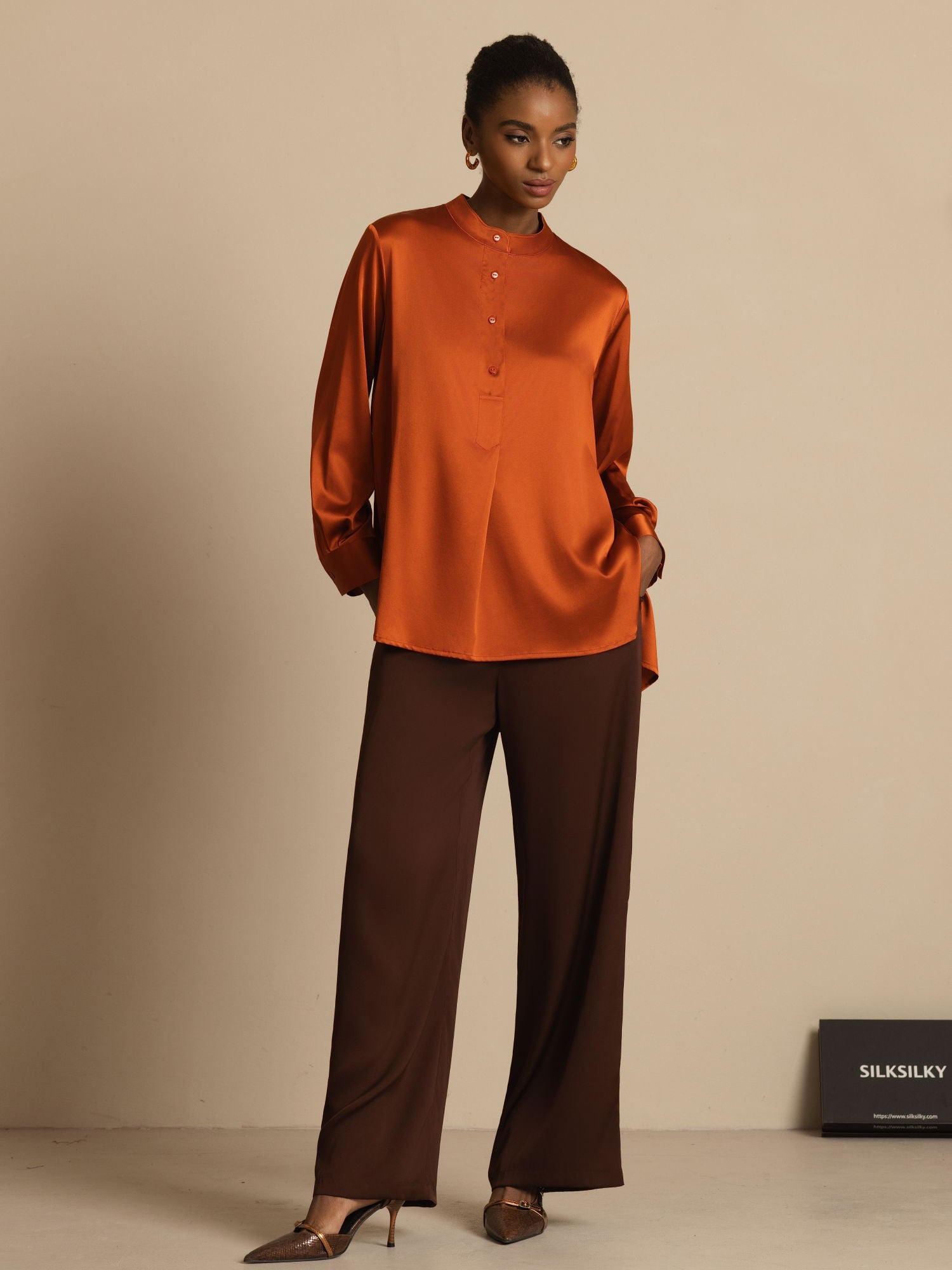 [Caramello] SilkSilky-IT 19Momme Seta Manica lunga Collo Alto Camicette 006