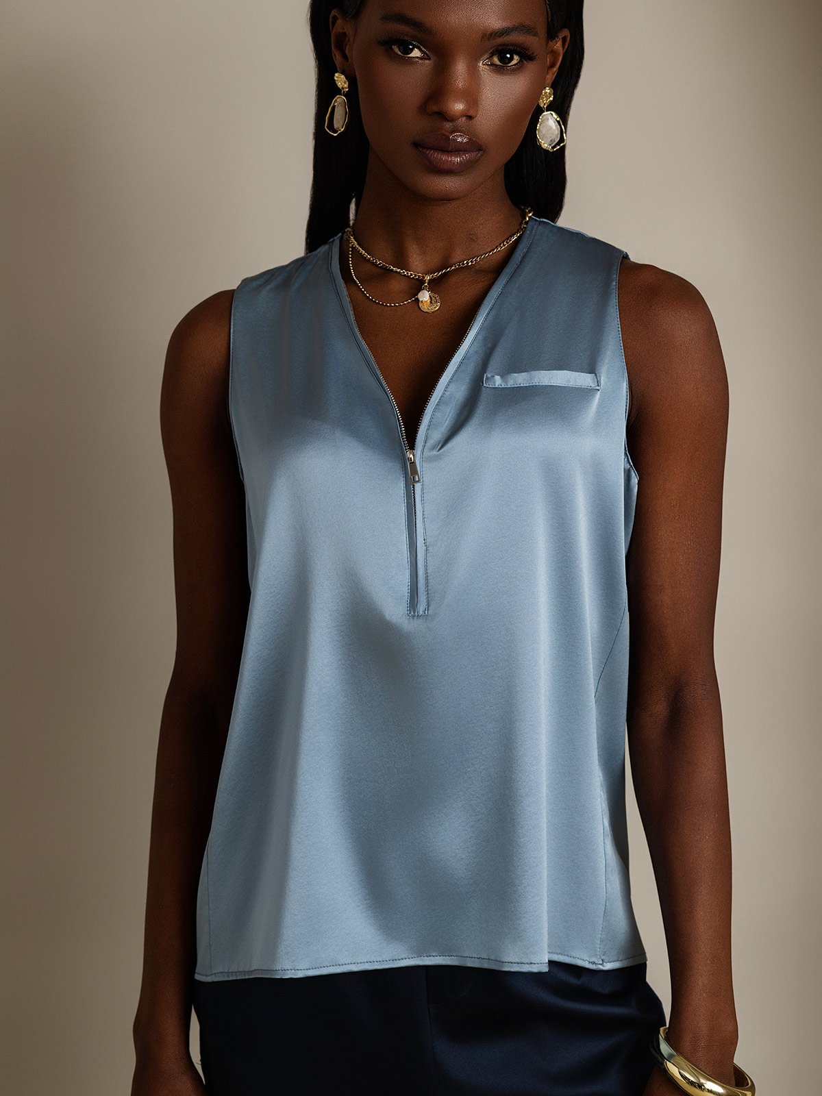SilkSilky-IT 19Momme Seta Senza maniche Collo a V Camicie da donna BluGrigiastro 001