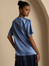 [Verde Petrolio Intenso] SilkSilky-IT Short Sleeve Cowl Neck Bluse 002