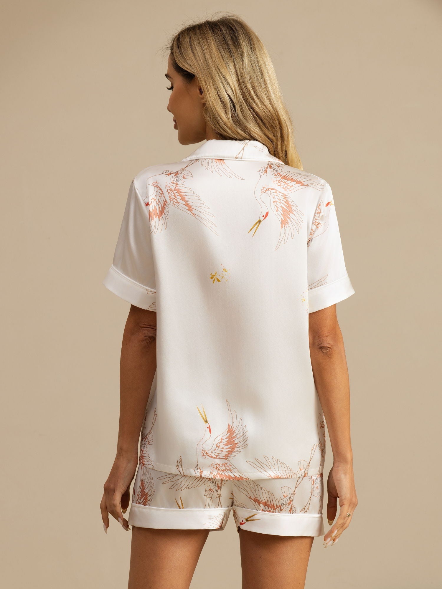 [Bianco] SilkSilky-IT 19Momme Maniche Corte Collo a Taglio Pigiami da donna 002