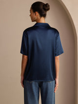 [Blu Scuro] SilkSilky-IT Short Sleeve Lapel Collar Camicie da donna 002
