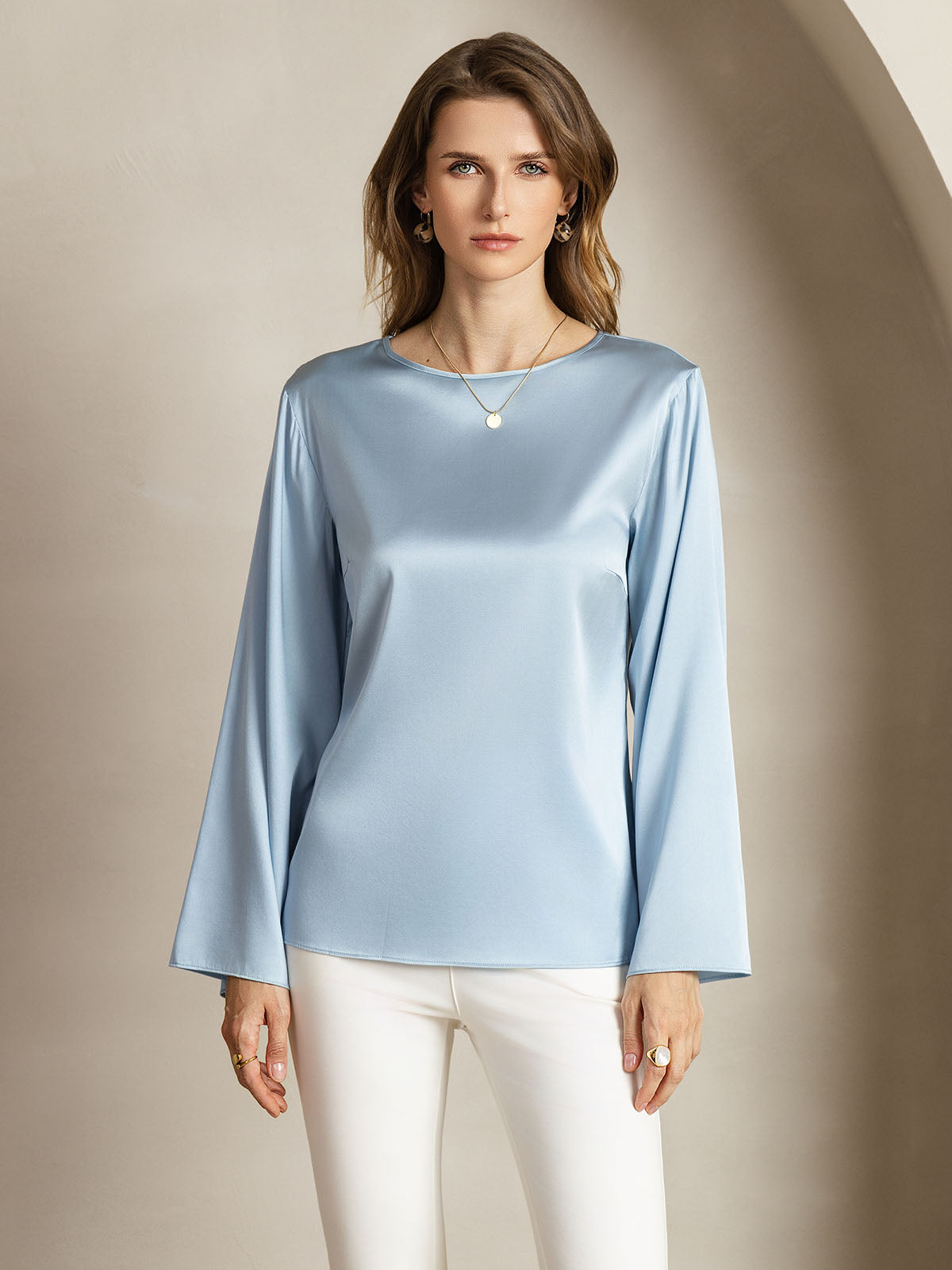 [Blu Grigiastro] SilkSilky-IT 19Momme Seta Womens T-Shirt 004