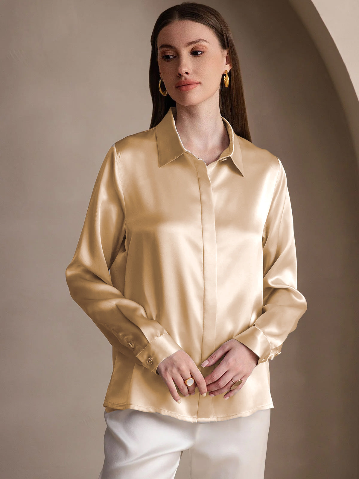 [Champagne] SilkSilky-IT 19Momme Seta Lapel Collar Camicie da donna 001