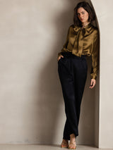[Marrone] SilkSilky-IT Long Sleeve Tie Neck Bluse 008