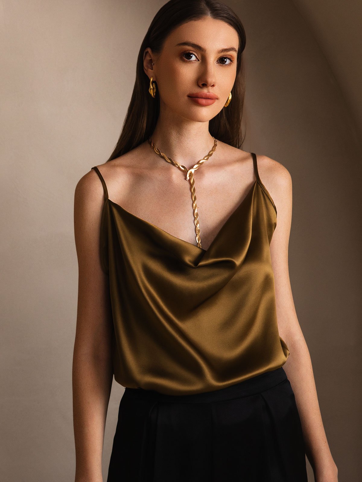 [Marrone] SilkSilky-IT 19Momme Seta Collo drappeggiato Cami 003