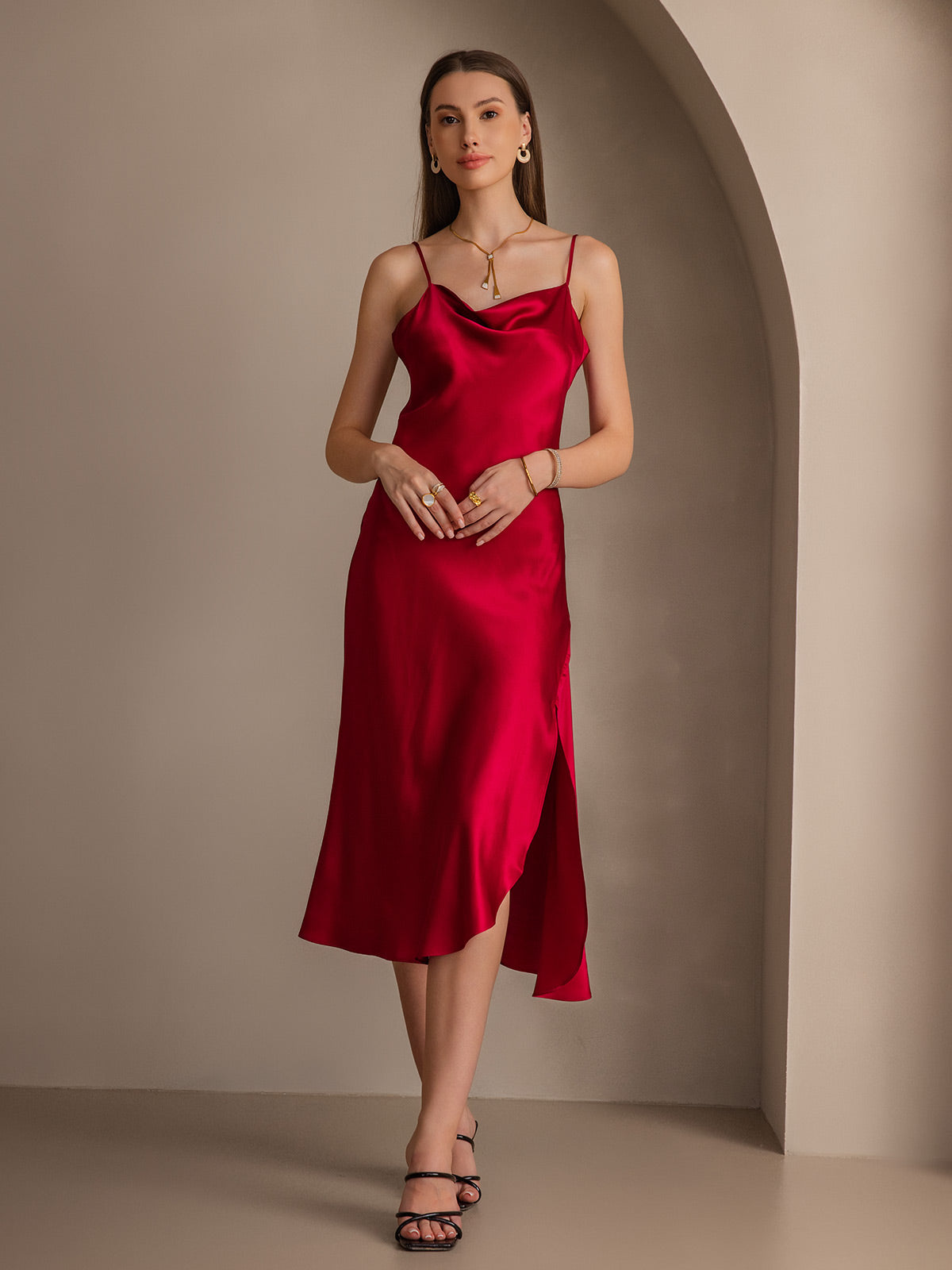 [Vino] SilkSilky-IT 19Momme Seta pura Collo drappeggiato Vestiti da donna 005
