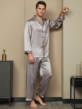 [Grigio] SilkSilky-IT Seta pura Manica lunga Collo risvolto dentellato Pigiami da uomo 005