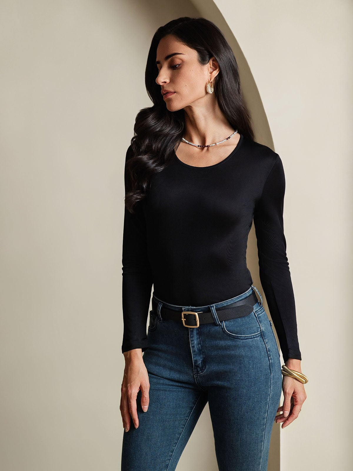 [Nero] SilkSilky-IT Manica lunga Scollo rotondo Magliette donna 004
