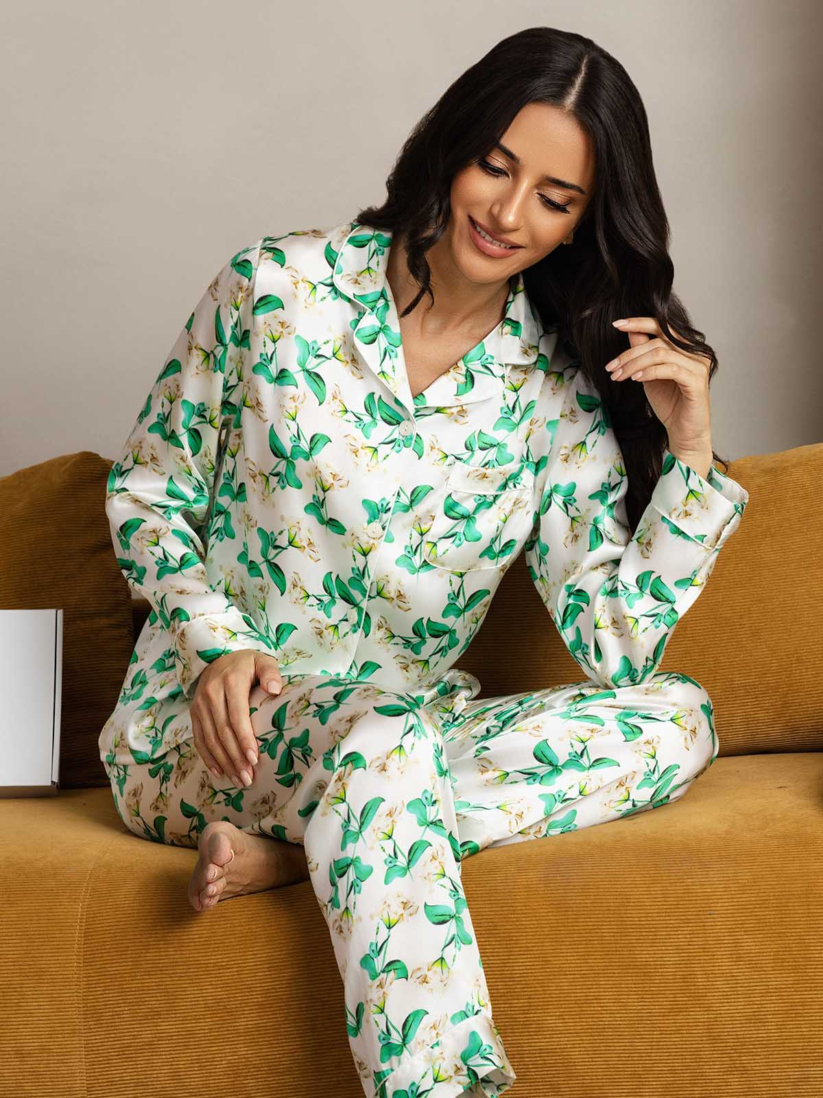 [Floreale Verde] SilkSilky-IT Seta pura Womens Pajamas 001